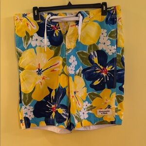 Abercrombie & Fitch Men's Floral Swim Shorts - Blue and Yellow